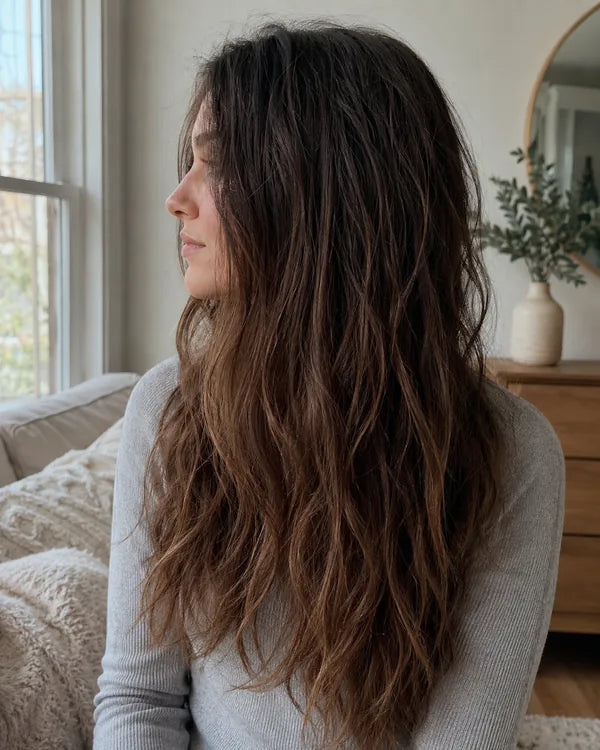 Wavy hair viewed from the side before and after switching to filtered shower water
