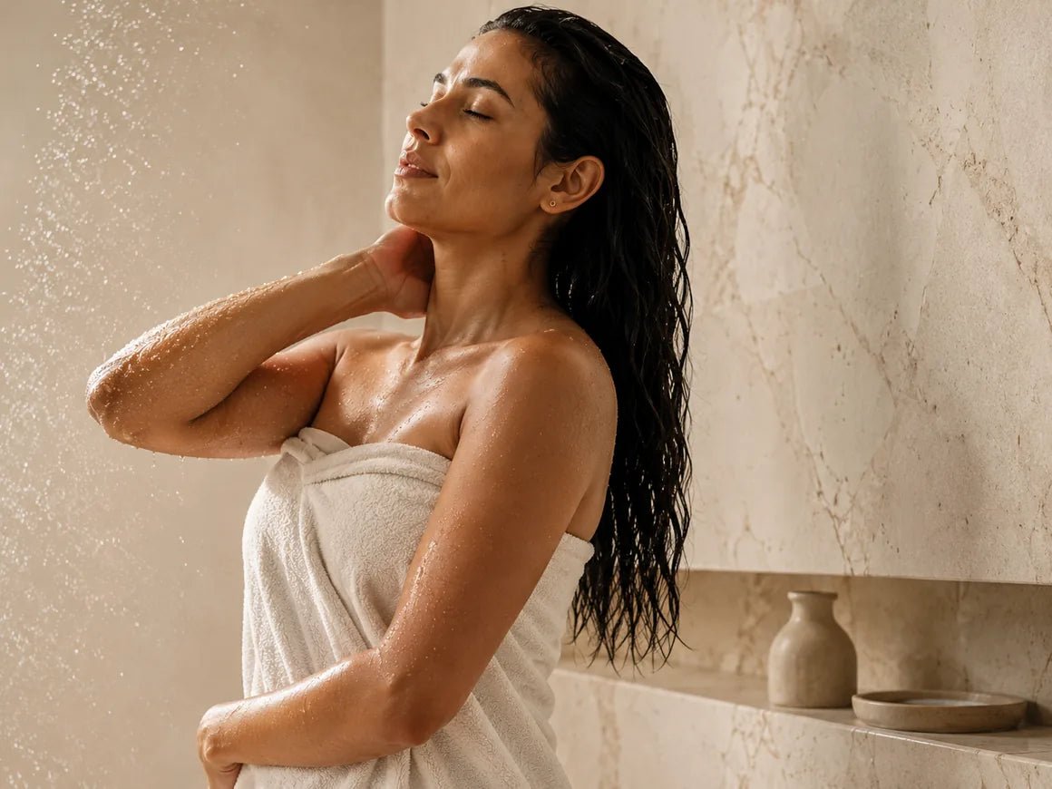 A woman standing under a shower in a travertine bathroom, rinsing her hair with her eyes closed.