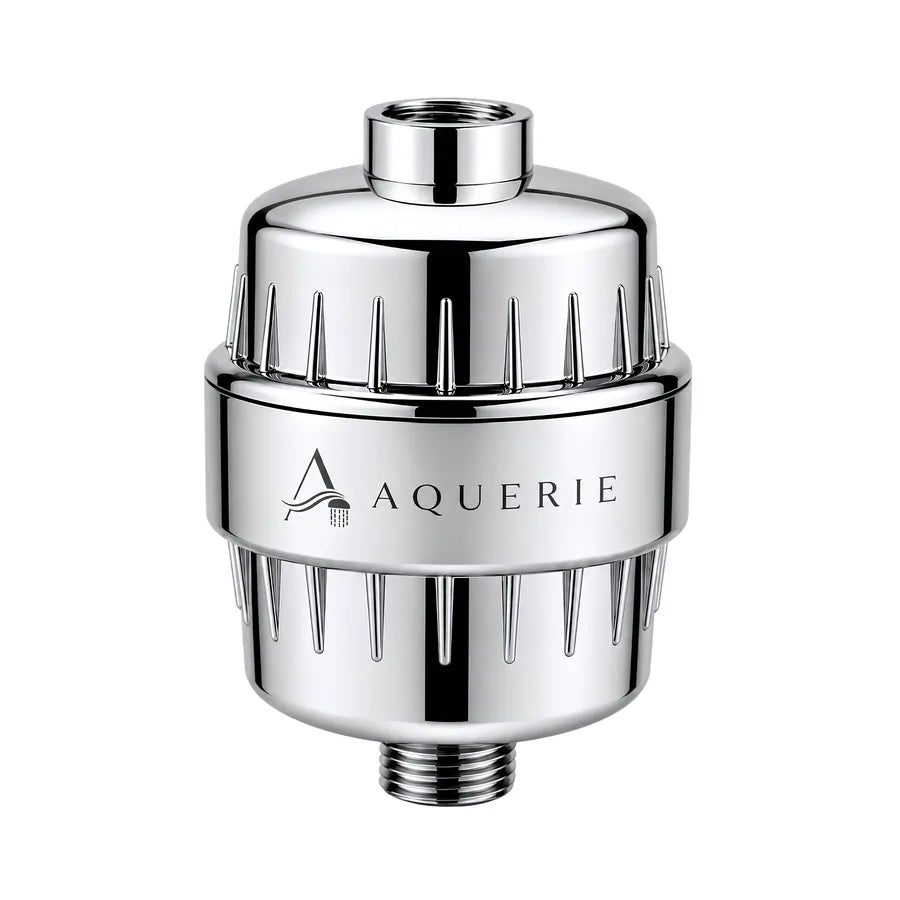The AQUERIE chrome shower filter, shown from the front with the wordmark on its centre band.