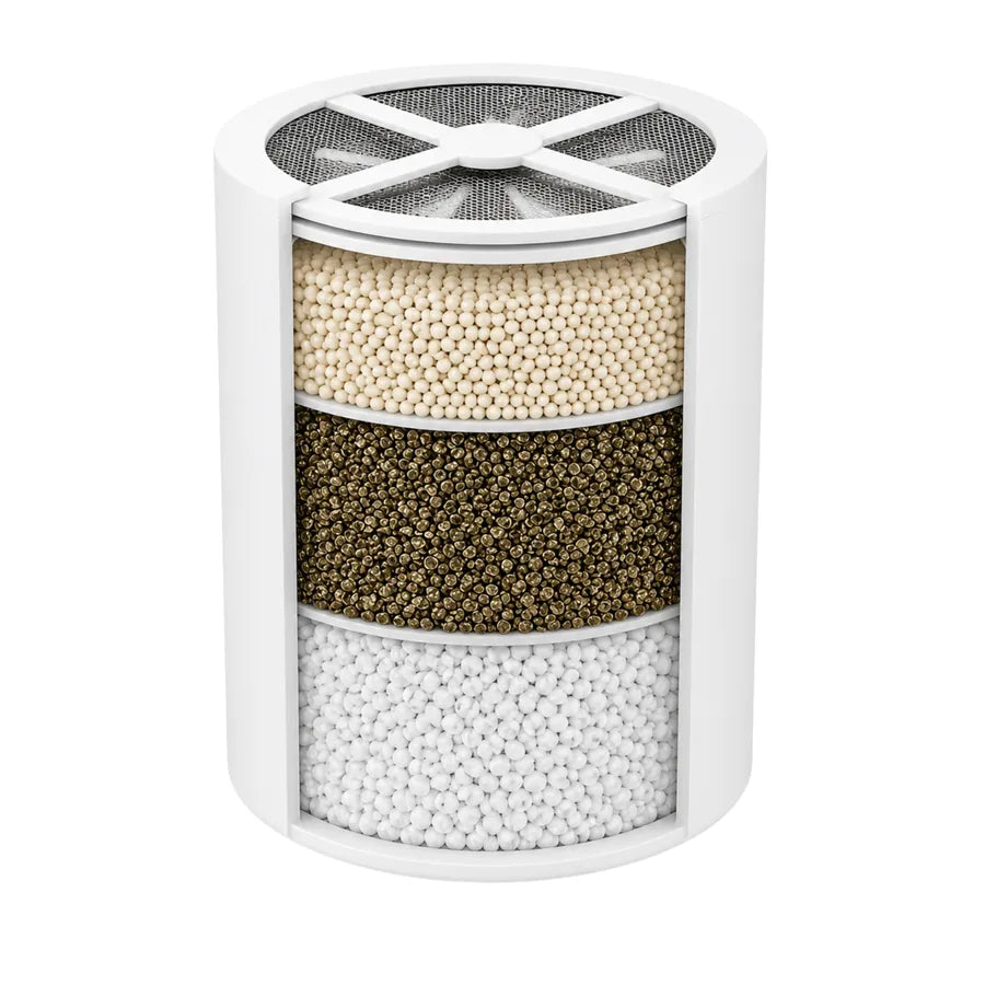 Cutaway of the AQUERIE Rituel cartridge showing the fan diffuser and the media layers inside