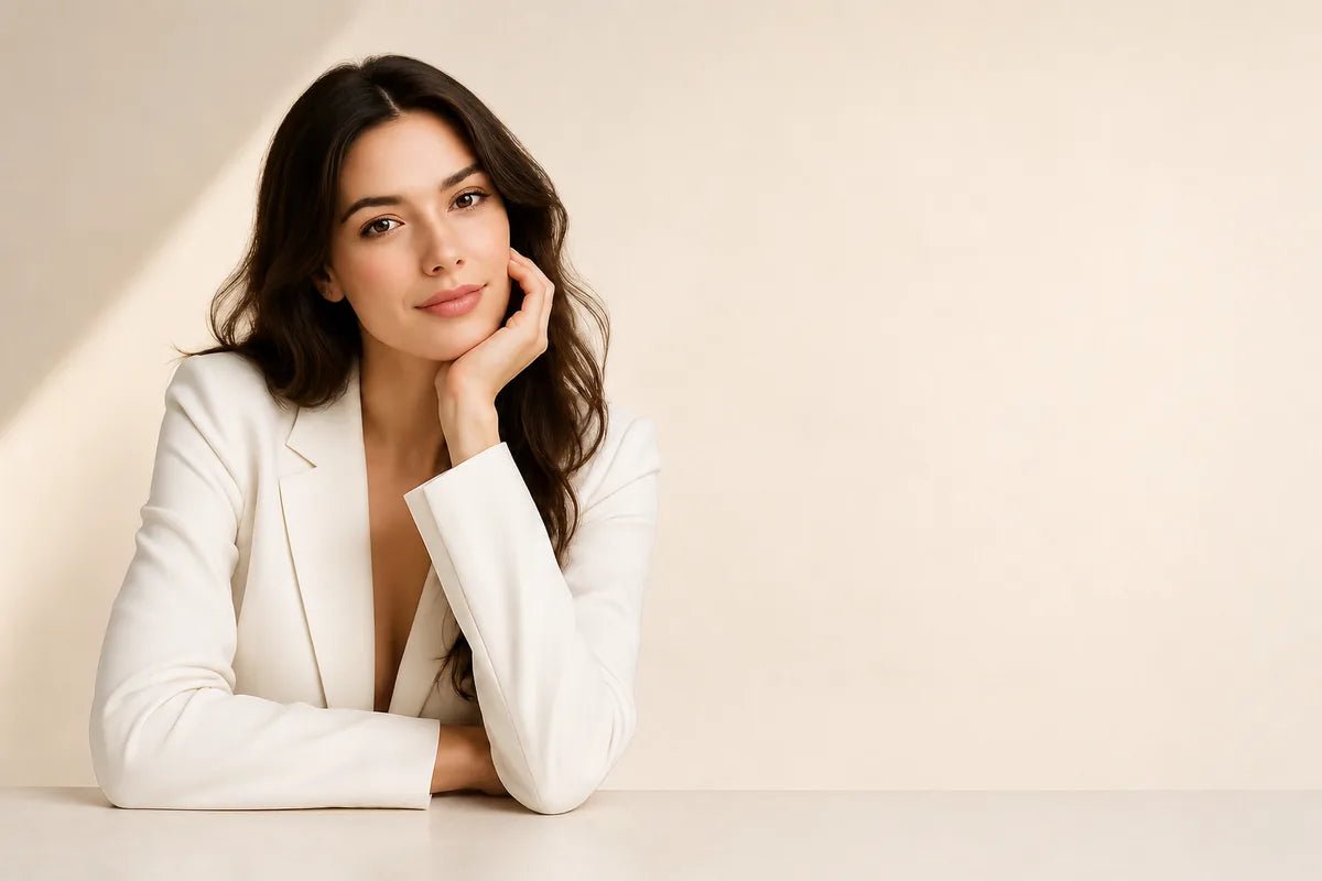 Isabella M., co-founder of AQUERIE, resting her chin on her hand at a pale table.