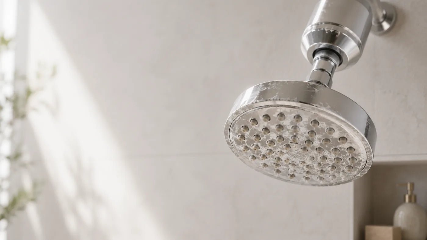 Water droplets and faint limescale on a backlit glass shower screen