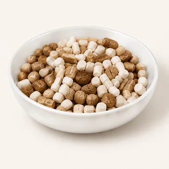 A white bowl of mixed cream and brown complementary filtration media.