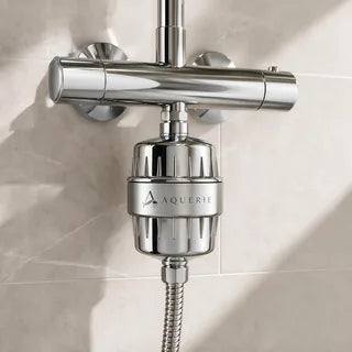 AQUERIE Rituel shower filter fitted below a thermostatic bar mixer shower
