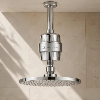 AQUERIE Rituel shower filter fitted to a ceiling mounted rain shower