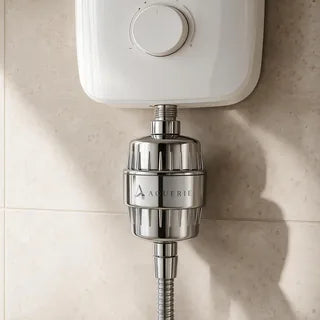 AQUERIE Rituel shower filter fitted to the hose outlet of an electric shower unit