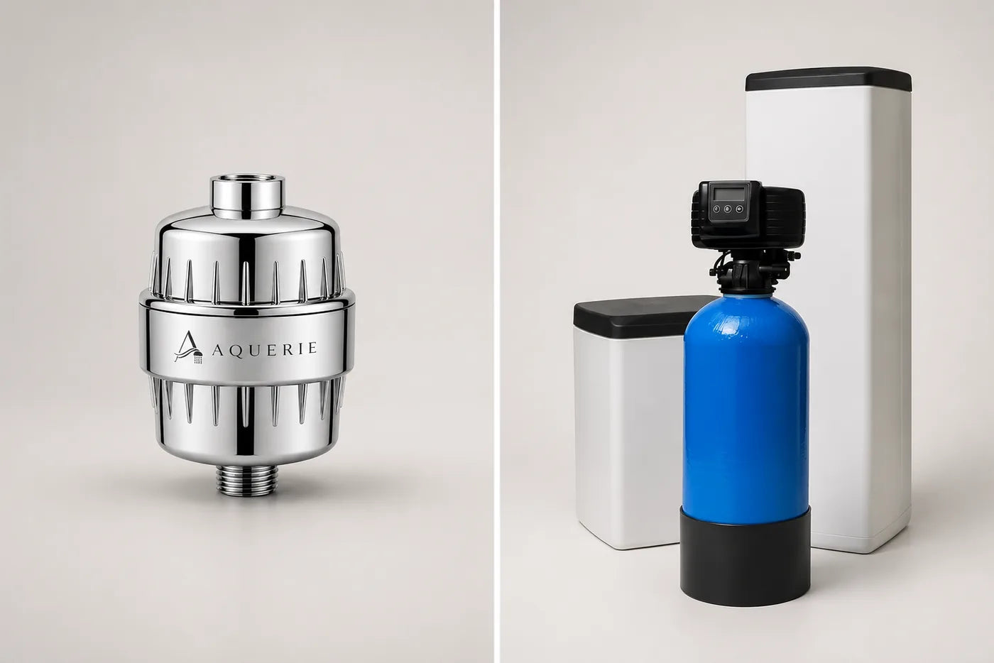 A chrome shower filter and a clear glass of water on a marble ledge